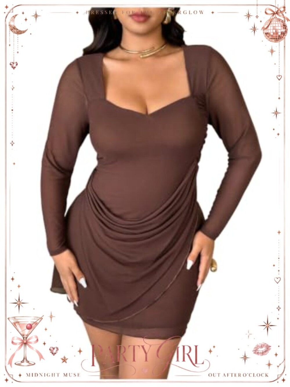 Plus Size Ruched Bodycon Sweetheart Neck Long Sleeve Mini Dress